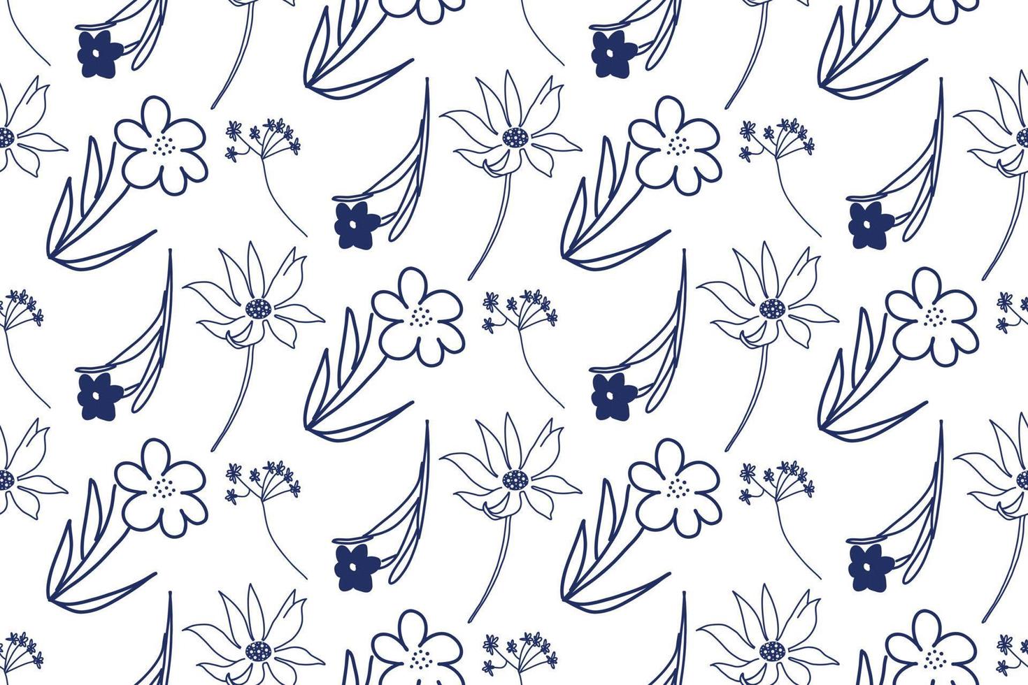 Seamless pattern. Floral pattern drawn on a tablet. Vector flowers of simple shapes in blue on a white background. Suitable for printing on fabric and paper, for textiles, design and creativity.