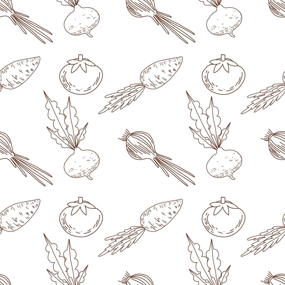 Seamless pattern of vegetables, drawn with a single contour of dark brown color. Beetroot, radish, onion, carrot on a white background. Suitable for kitchen decoration, menus, textiles. vector