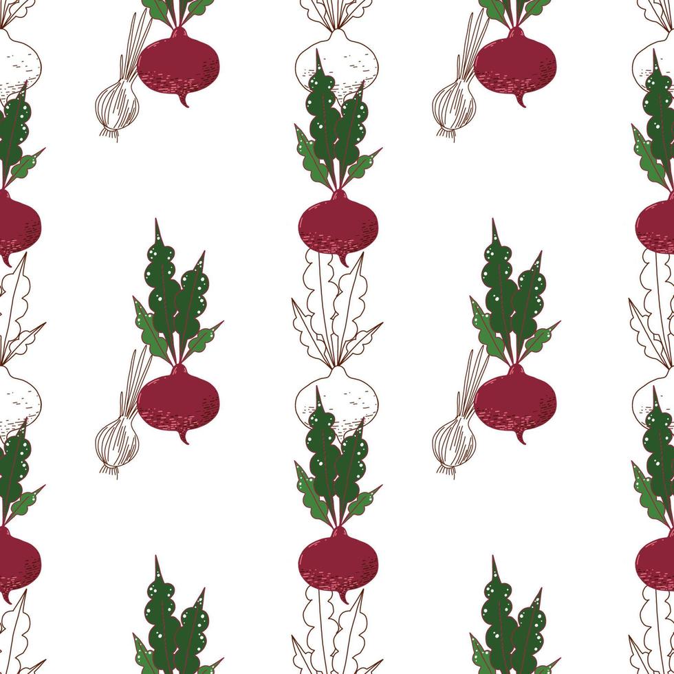 Seamless pattern drawn in vector, red beetroot, beetroot in the form of a contour on a white background. Suitable for fabric design, wallpaper, scrapbooking, kitchen decoration, printing on dishes. vector