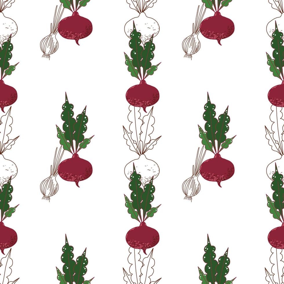 Seamless pattern drawn in vector, red beetroot, beetroot in the form of a contour on a white background. Suitable for fabric design, wallpaper, scrapbooking, kitchen decoration, printing on dishes. vector