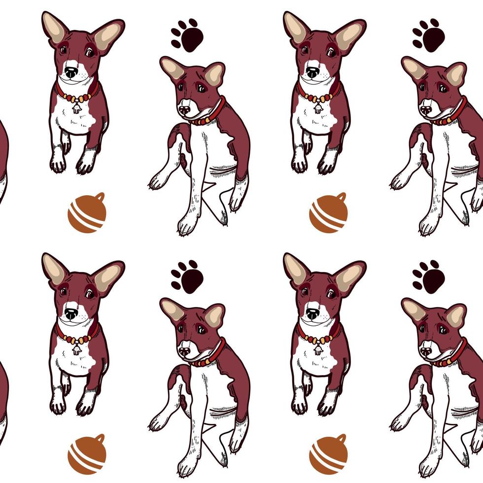 Seamless pattern on the theme of pets. Brown and white Basenji puppy, dog toys, brown balls, cute footprints drawn in vector on a tablet. For printing, packaging design, postcards and scrapbooking.