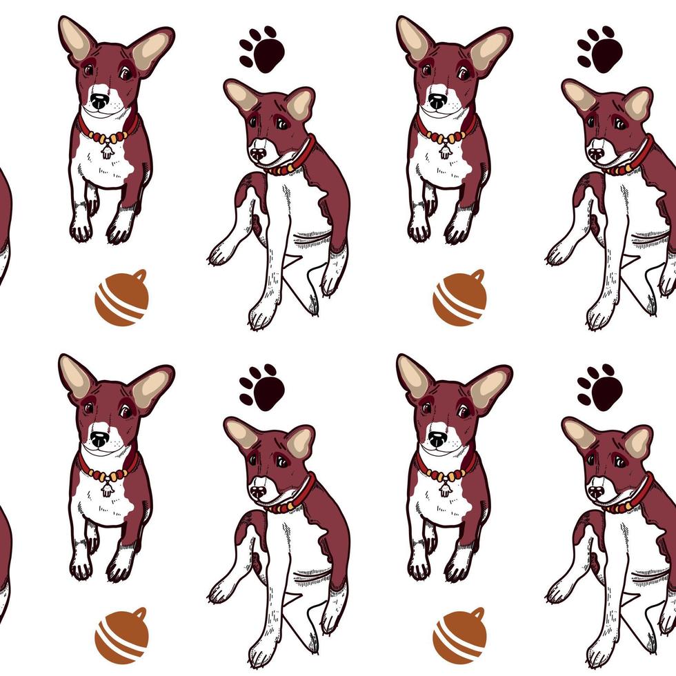 sin costura modelo en el tema de mascotas. marrón y blanco basenji cachorro, perro juguetes, marrón pelotas, linda huellas dibujado en vector en un tableta. para impresión, embalaje diseño, postales y álbum de recortes