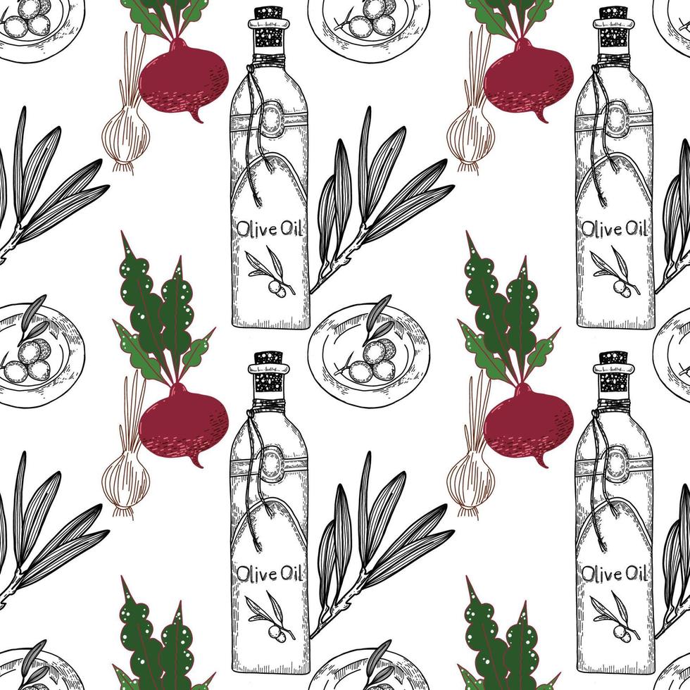 A seamless pattern drawn in a vector. Red beetroot, a bottle of olive oil, olives on a plate drawn only with an outline on a white background. Suitable for kitchen decoration, menu, scrapbooking. vector