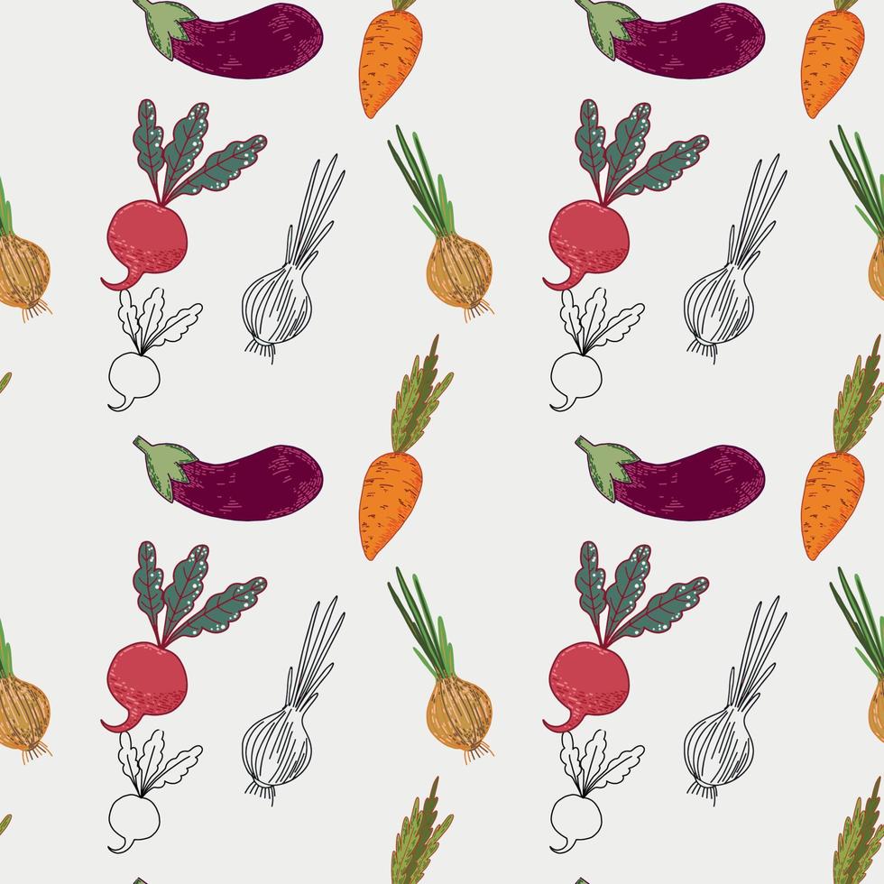 Vector pattern of seasonal bright vegetables on a white background. A pattern of radishes, beets, carrots on a white background. Suitable for kitchen decoration, menus, textiles and scrapbooking.