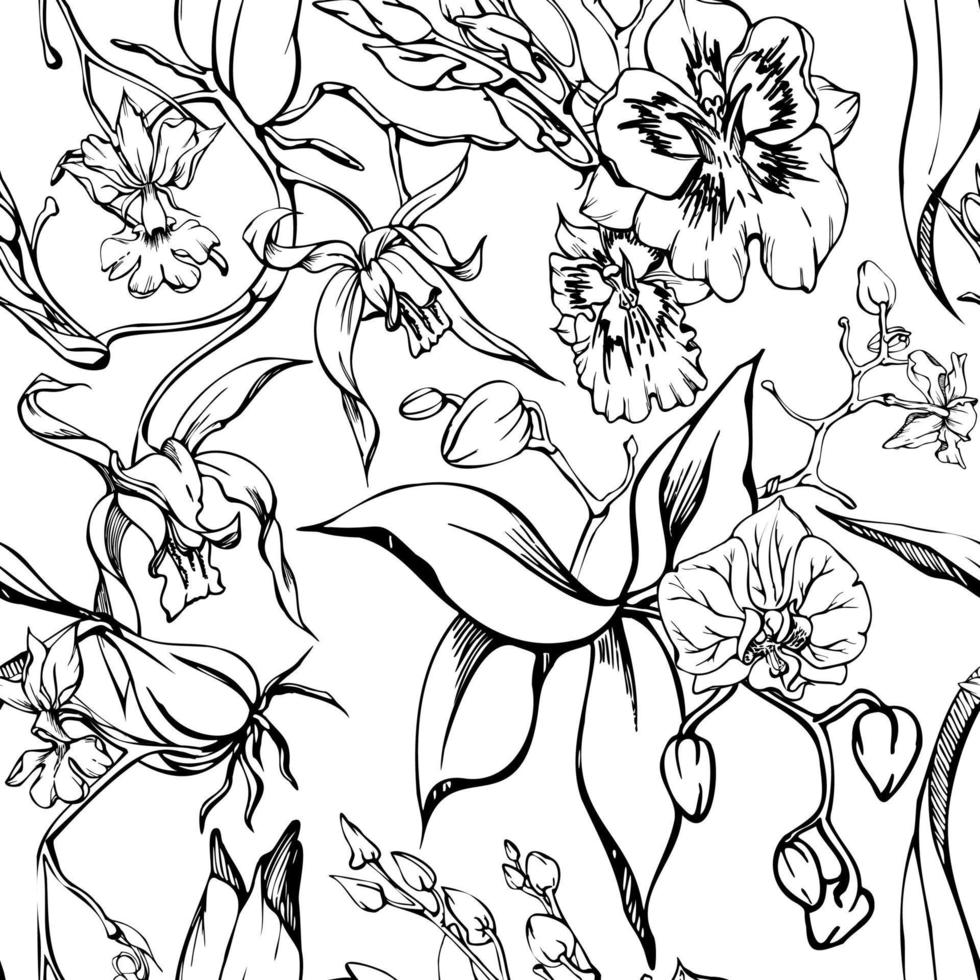 Hand drawn vector ink orchid flowers and branches, monochrome, detailed outline. Seamless pattern with crystal forms. Isolated on white background. For wall art, wedding, print, tattoo, cover, card.