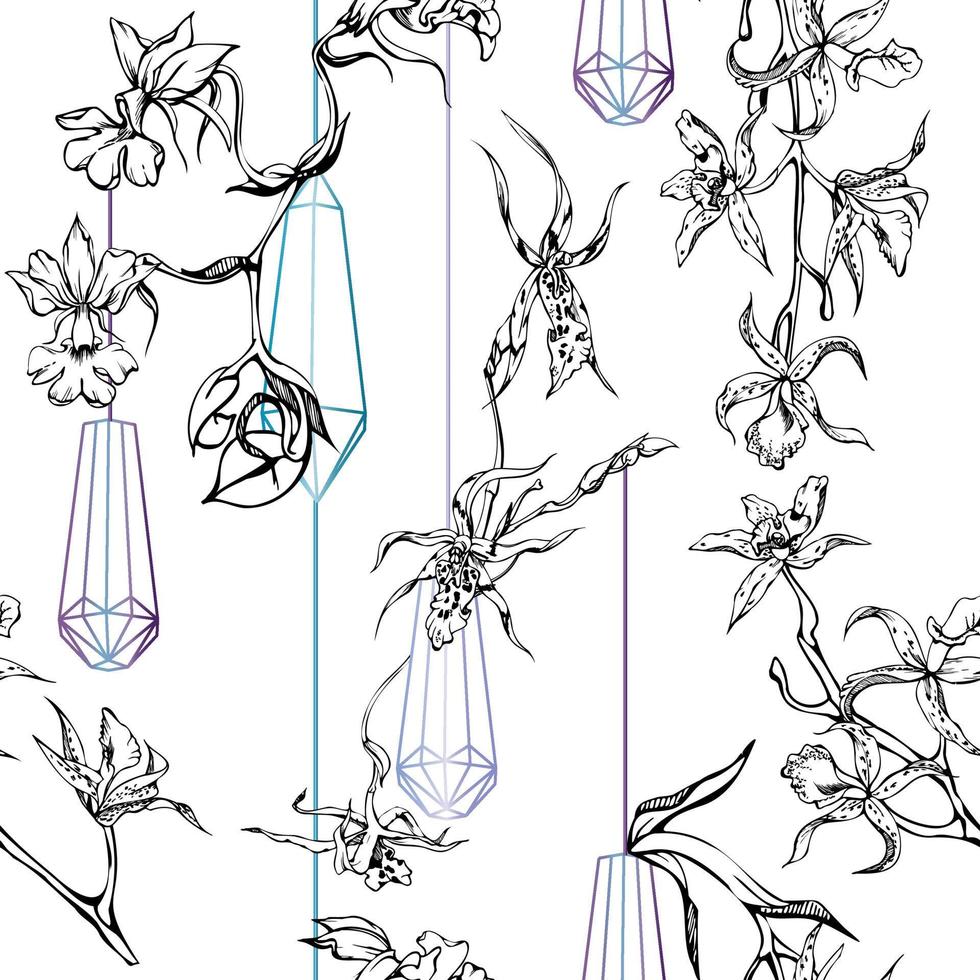 Hand drawn vector ink orchid flowers and branches, monochrome, detailed outline. Seamless pattern with crystal forms. Isolated on white background. For wall art, wedding, print, tattoo, cover, card.