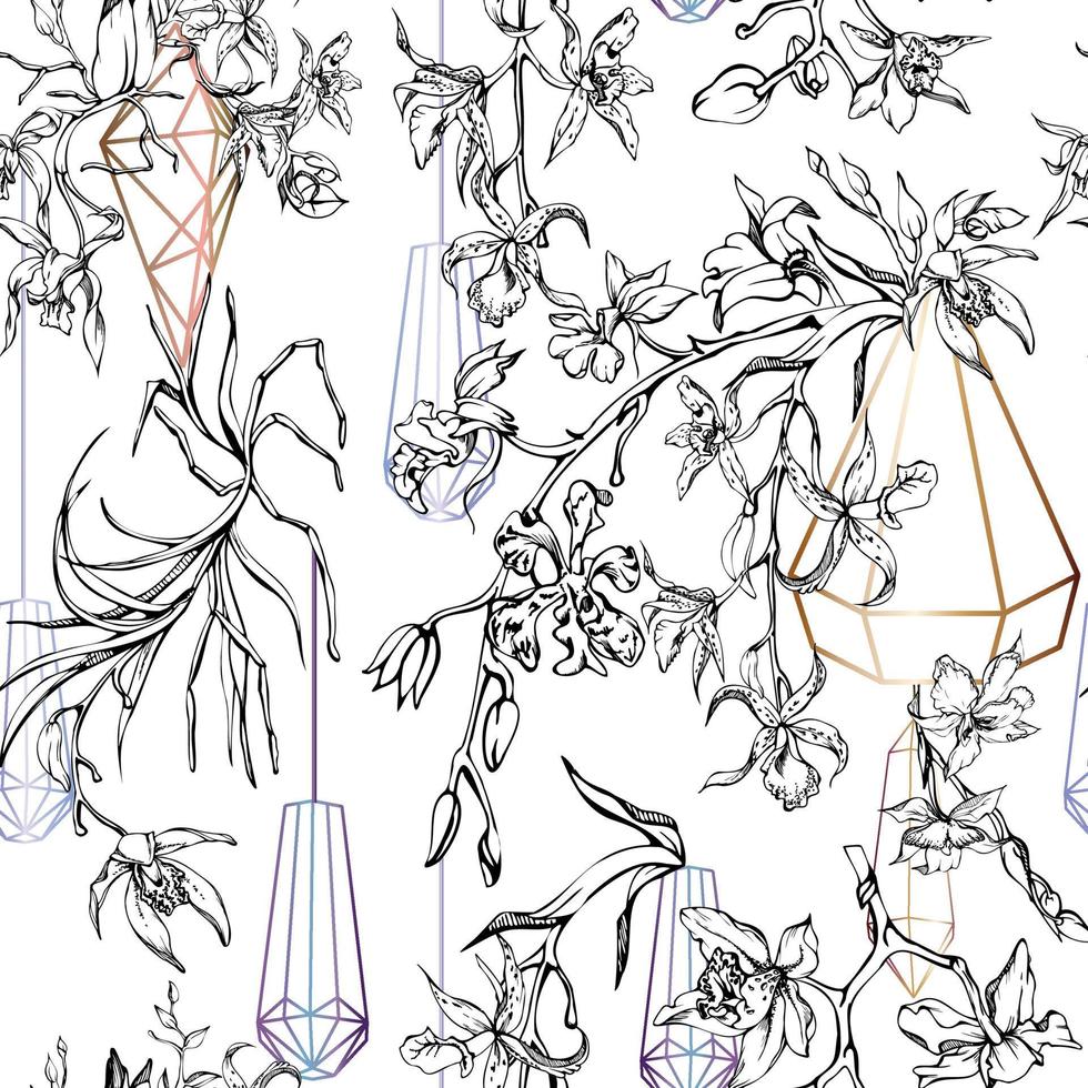 Hand drawn vector ink orchid flowers and branches, monochrome, detailed outline. Seamless pattern with crystal forms. Isolated on white background. For wall art, wedding, print, tattoo, cover, card.