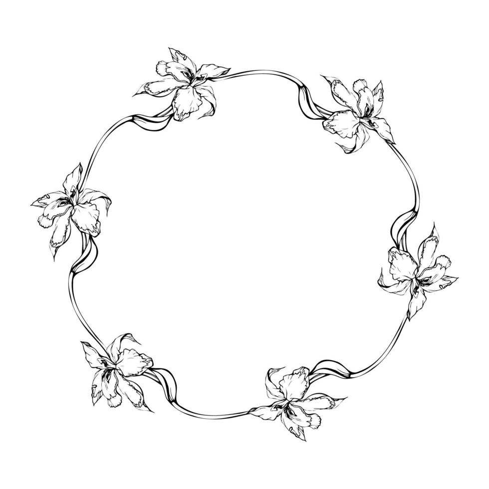 Hand drawn vector ink orchid flowers and branches, monochrome, detailed outline. Circle wreath composition. Isolated on white background. Design for wall art, wedding, print, tattoo, cover, card.