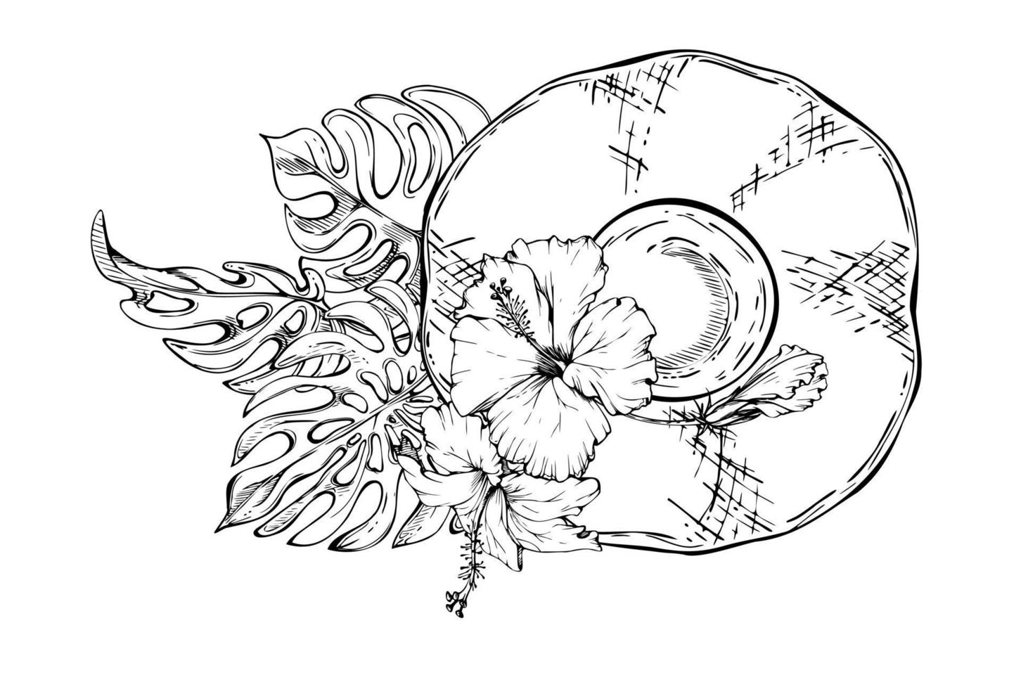 Hand drawn vector ink composition. Straw sun hat, exotic hibiscus flower, monstera leaves. Isolated on white background. Design wall art, wedding, print, fabric, cover, card, tourism, travel booklet.