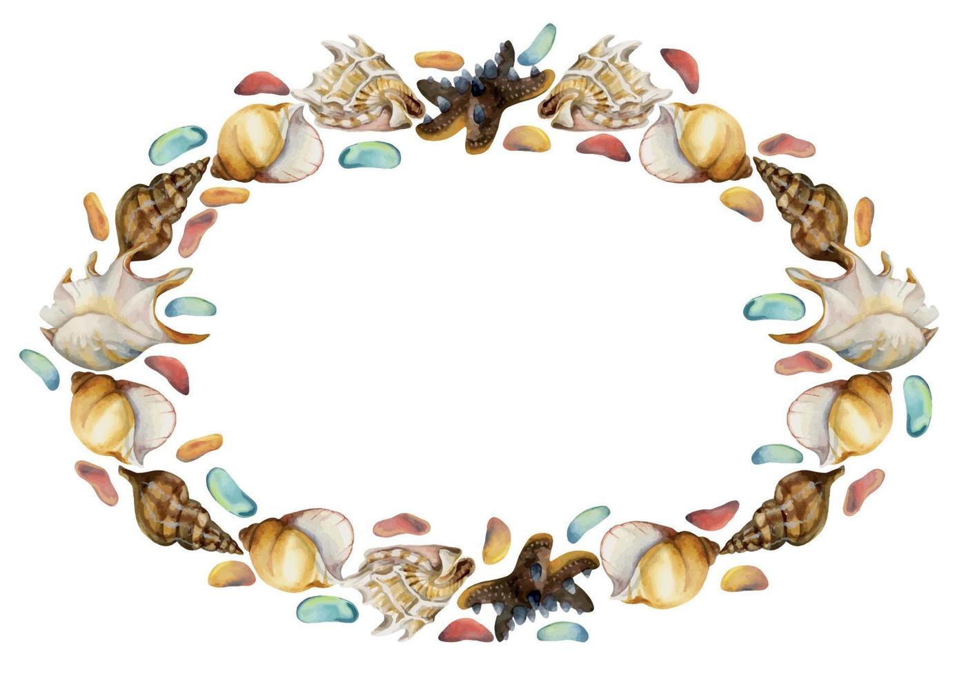 Hand drawn watercolor exotic sea shells and colorful glass, starfish. Circle wreath frame. Isolated on white background. Design wall art, wedding, print, fabric, cover, card, tourism, travel booklet. vector