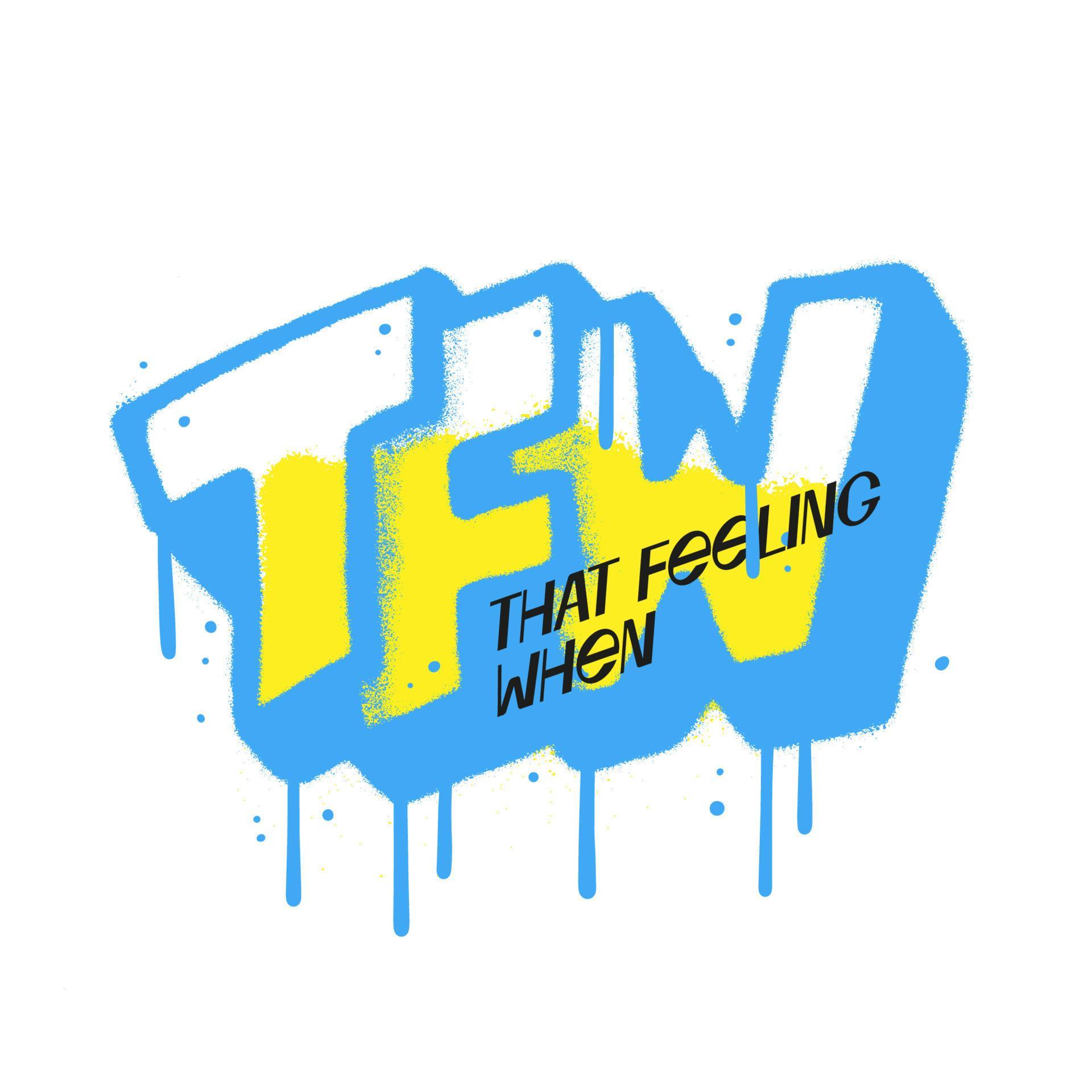 Urban graffiti TFW abbreviation sprayed in blue over white with neon