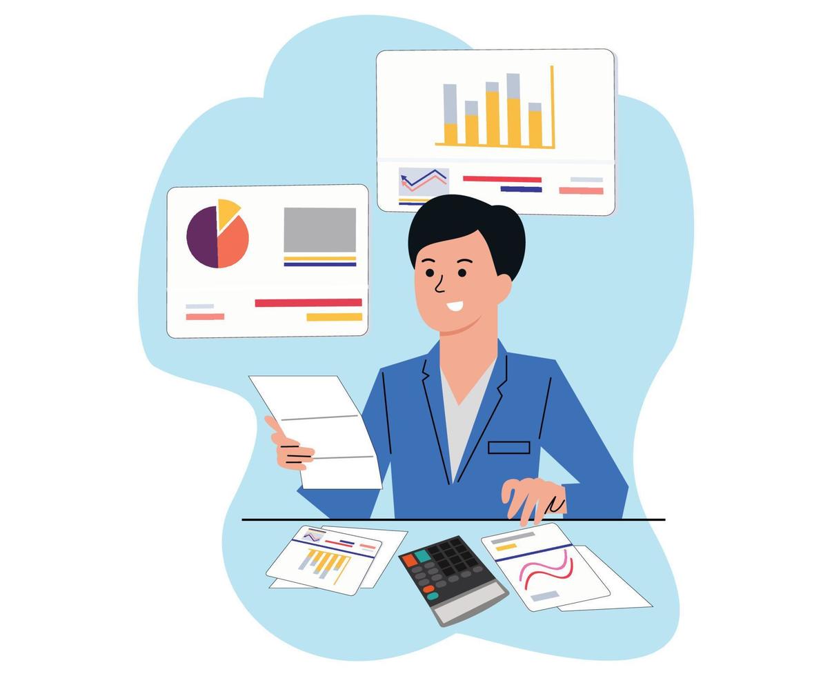 business report analysis. office worker concept checking business vector