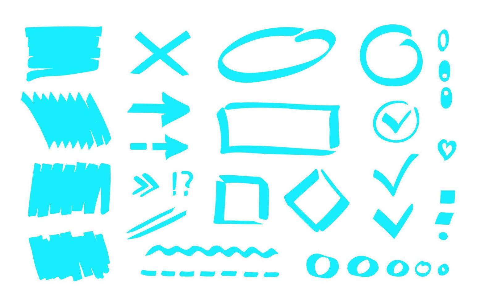 Marker highlighter mark, stripe background, checkmark, oval, rectangls, dot, line, arrow. Clip art, simple hand drawn vector design elements for notes, infographics, bullet journal, planning