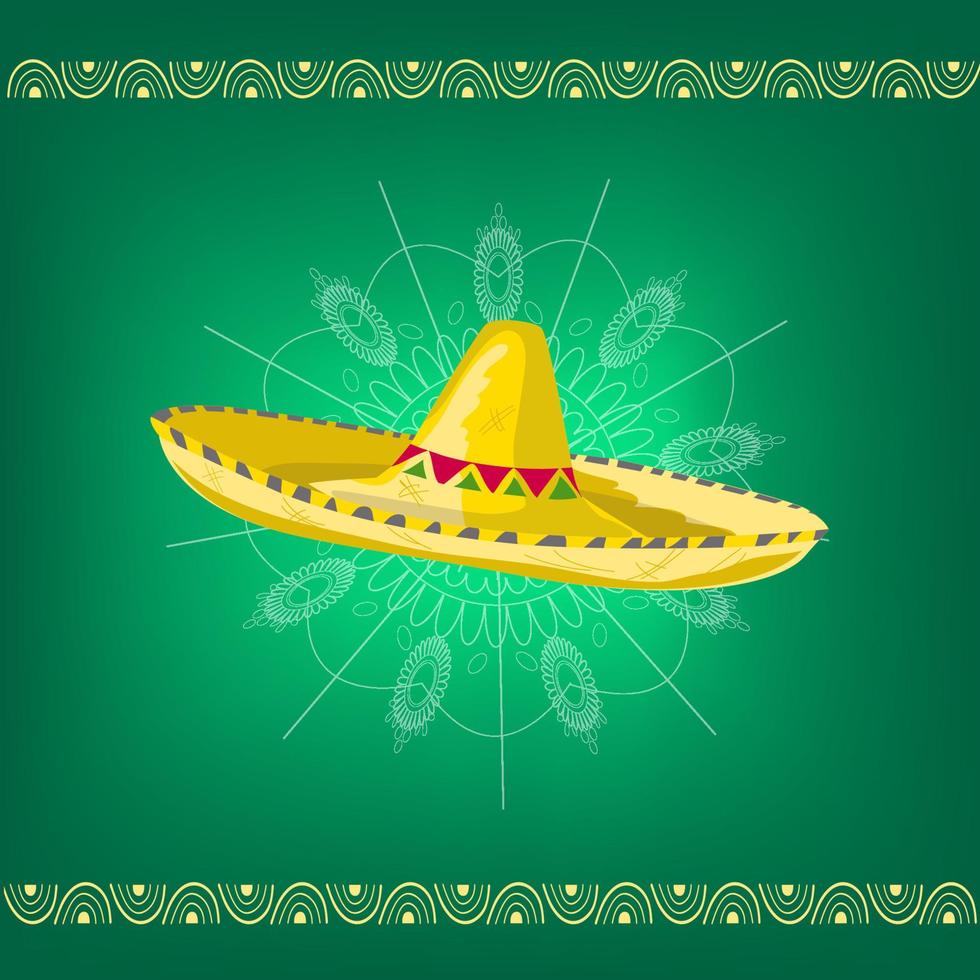 Yellow Mexican sombrero with colourful ornament on green, isolated vector graphics