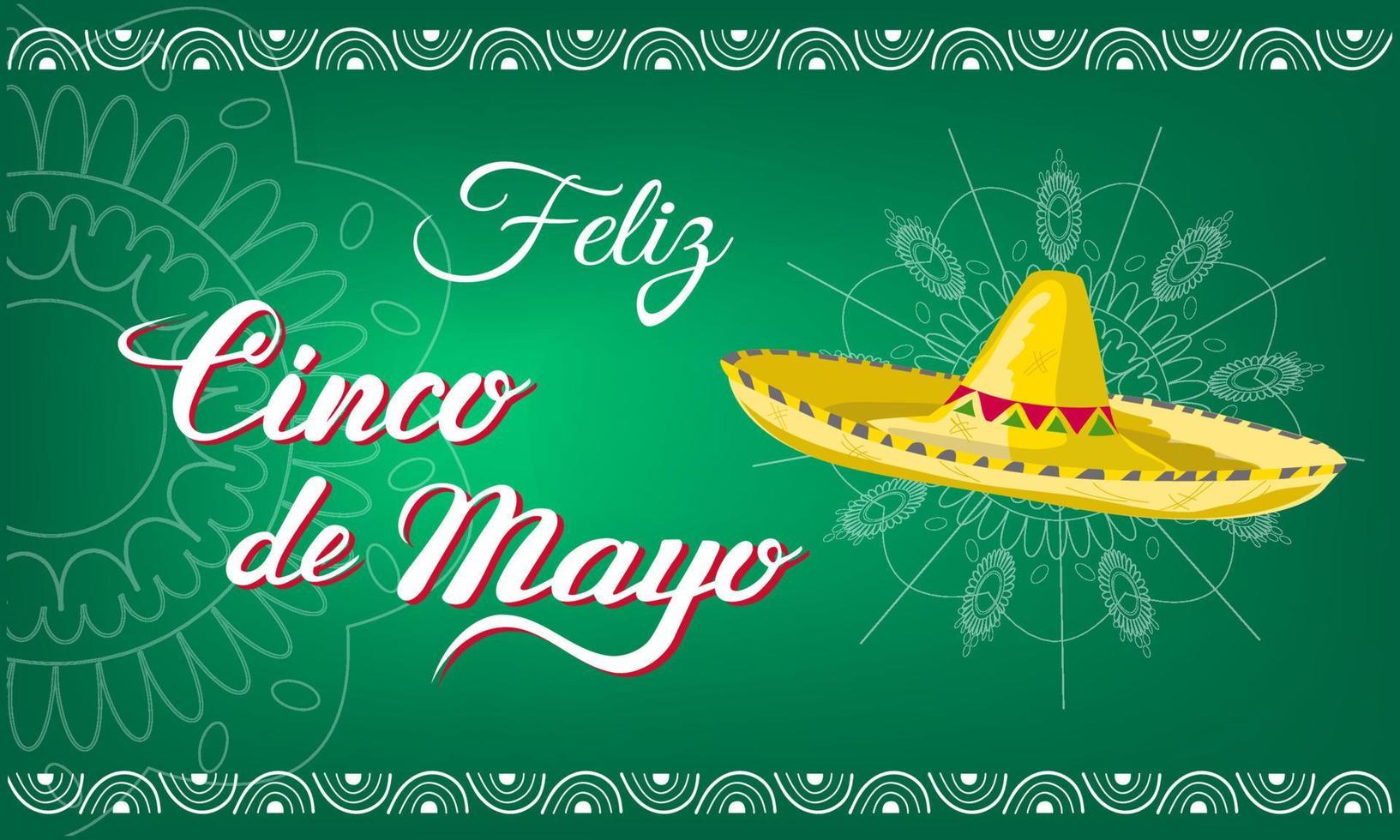 Happy Cinco de Mayo, greeting with sombrero, lettering, mandalas on Mexican festival vector