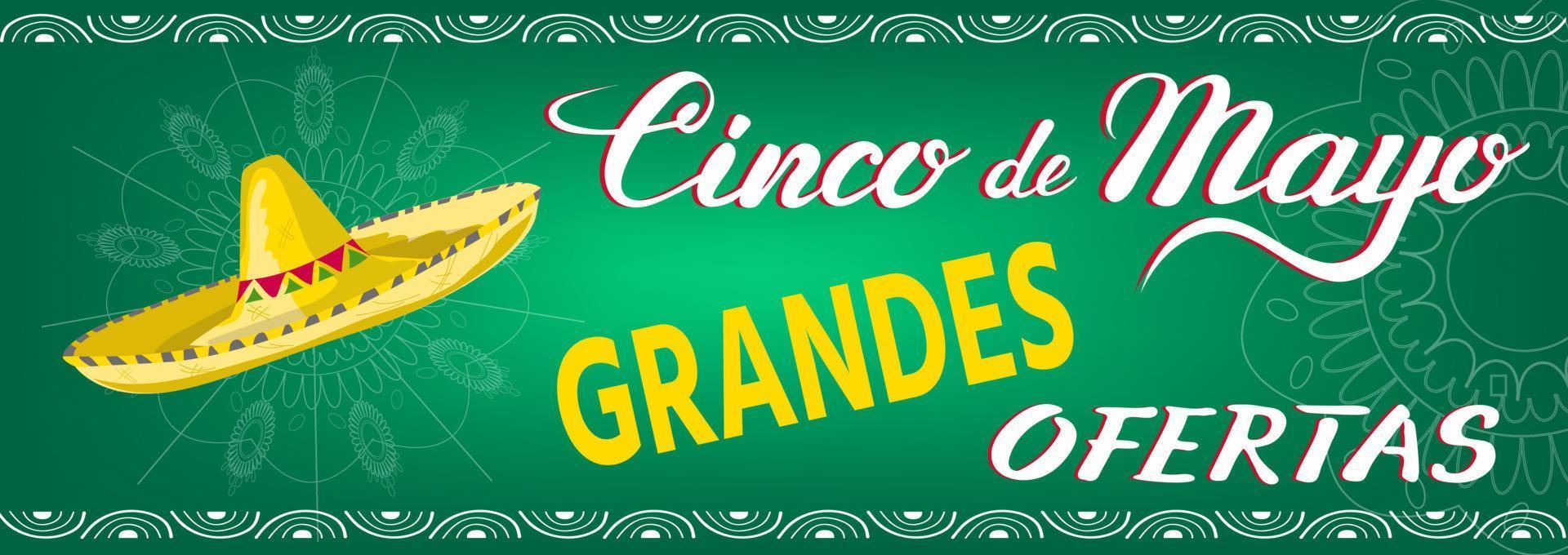 Cinco de Mayo Big Dicsounts, ornamental banner with sombrero and lettering for advertising offers and sale on Mexican festival vector