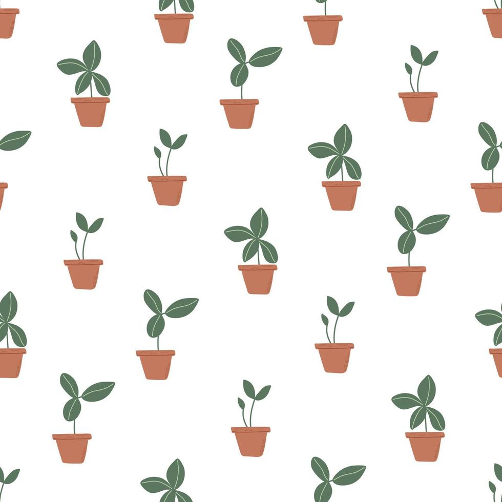 Seamless pattern with sprouts in pots. Home gardening and plant care concept. Hand drawn minimalistic vector background.