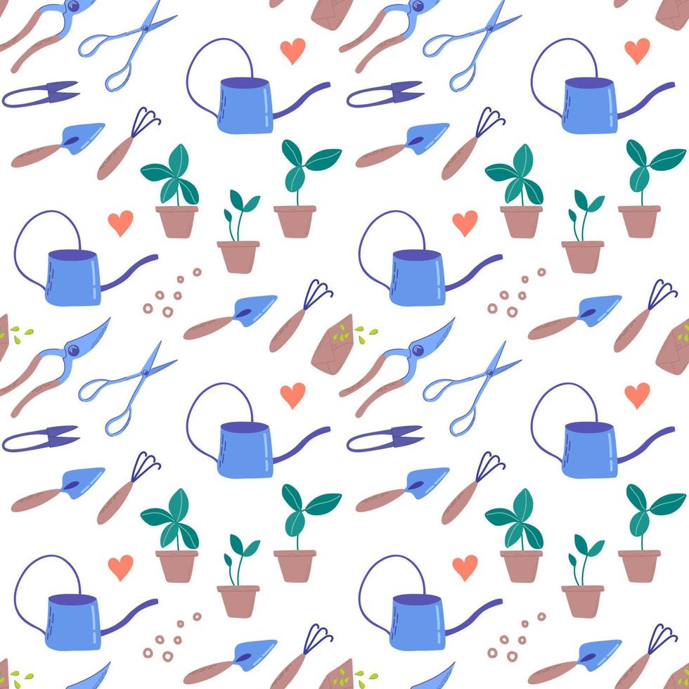 Seamless pattern with Gardening elements, DIY activities. Home gardening and plant care concept. Hand drawn abstract vector background.