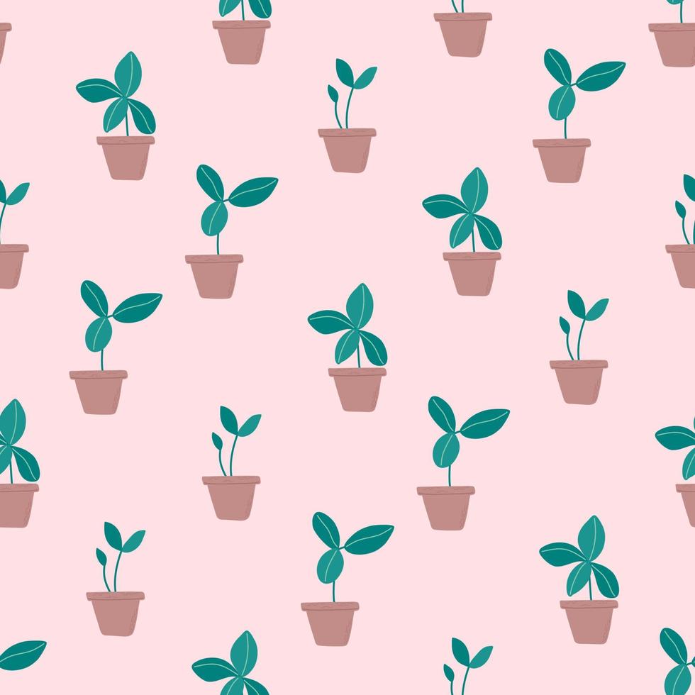 Seamless pattern with sprouts in pots. Home gardening and plant care concept. Hand drawn minimalistic style vector background.