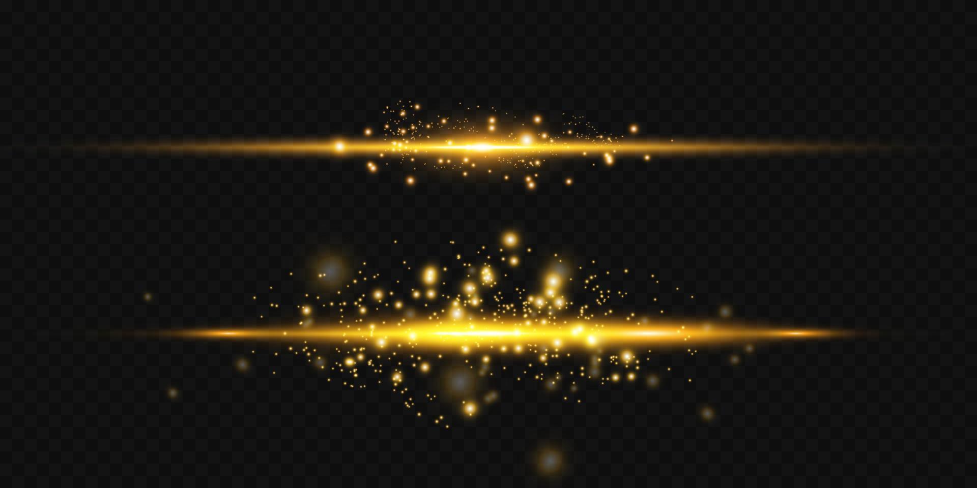 Golden horizontal lens flares. Horizontal light rays. Beautiful light flares. Glowing streaks. Luminous abstract sparkling. vector