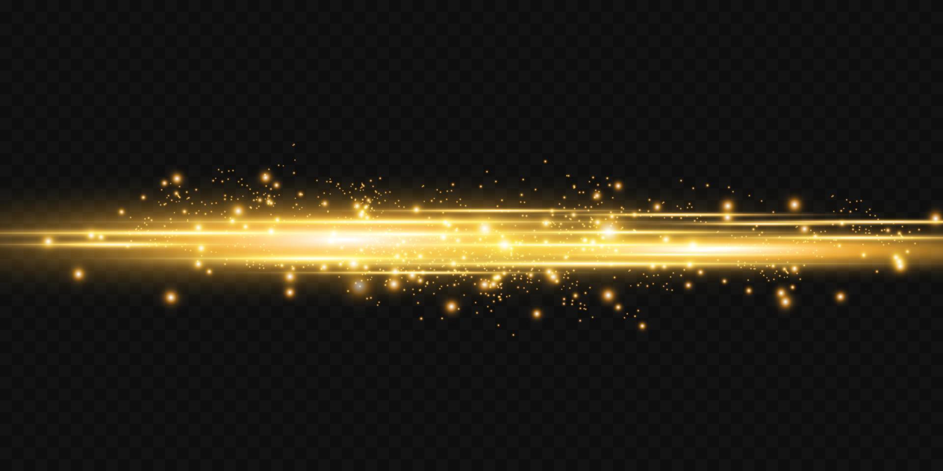 Golden horizontal lens flares. Laser beams, horizontal light rays. Beautiful light flares. Glowing streaks. Luminous abstract sparkling. vector