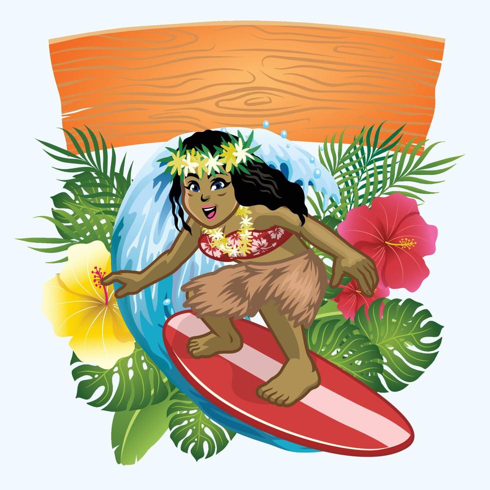 design of cartoon hawaiian girl surfer vector