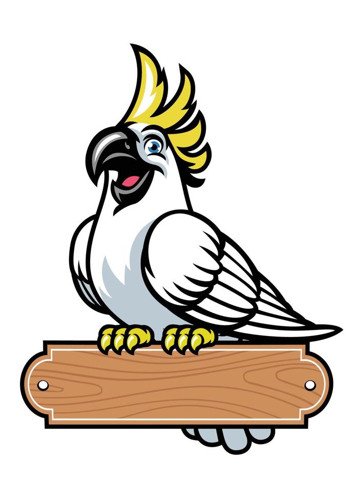 contento dibujos animados cacatúa pájaro estar en el blanco madera firmar vector