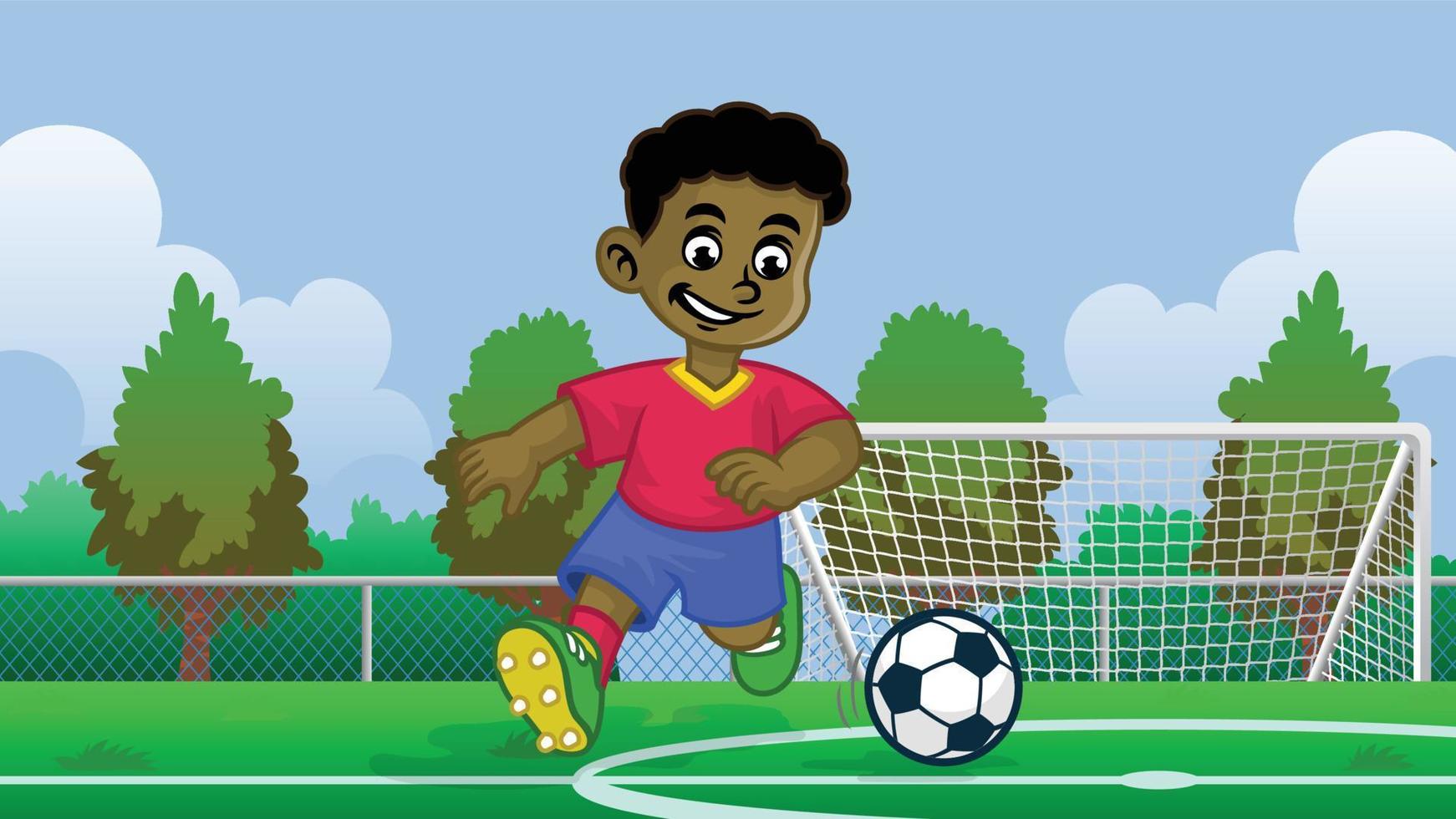 cartoon black boy soccer player in the field vector