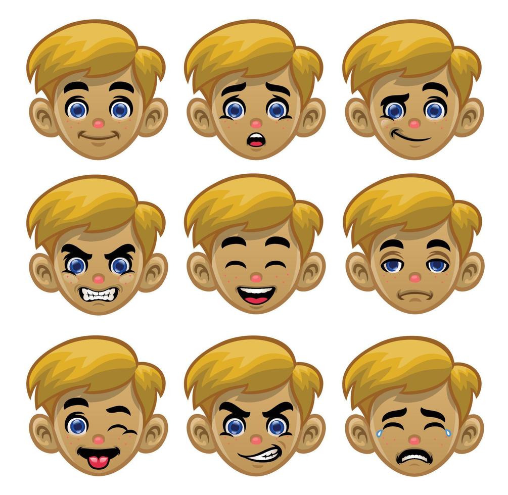 set white boy head with various eyes and mouths expression vector