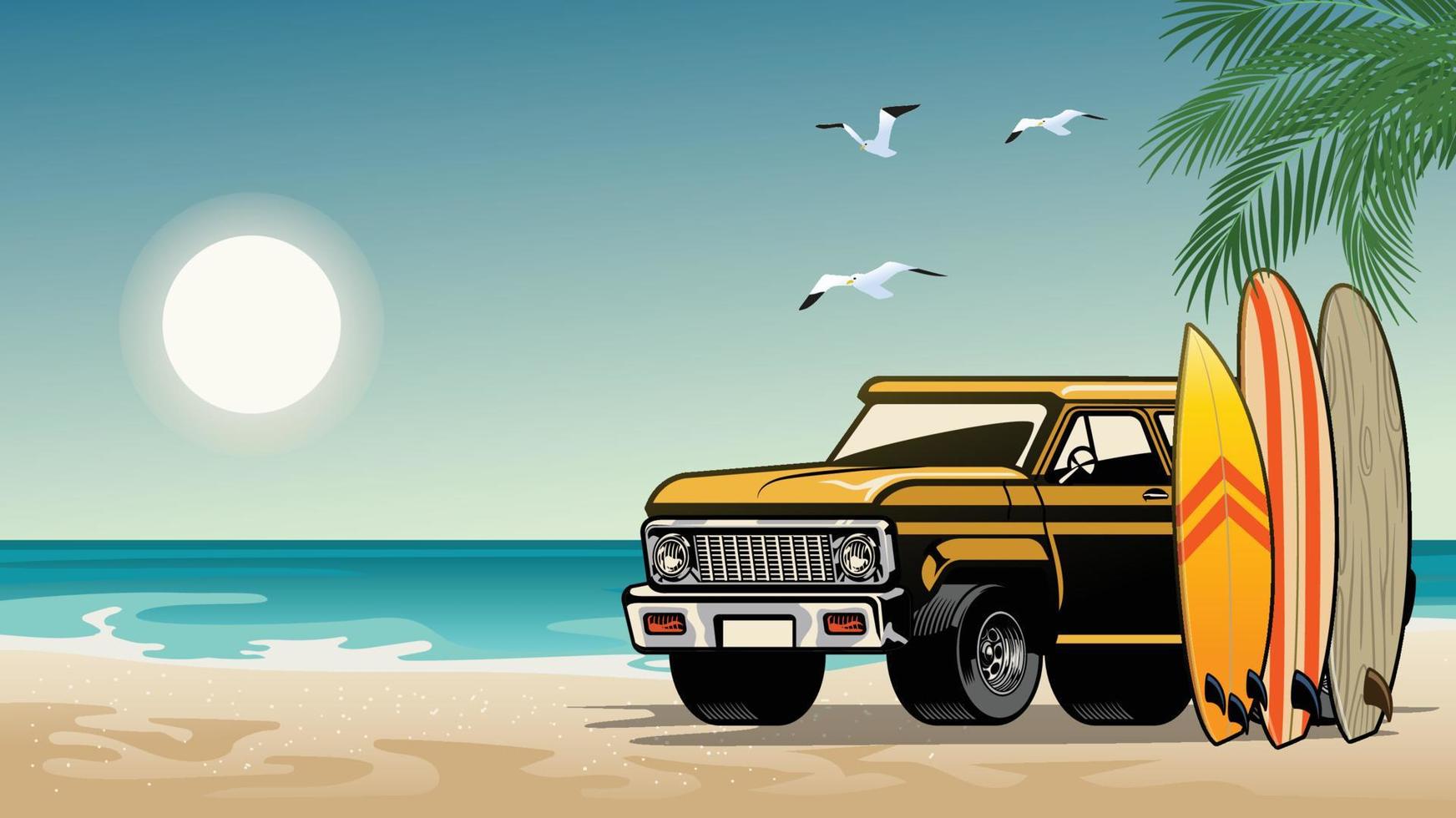 old classic suv car on the surf beach vector