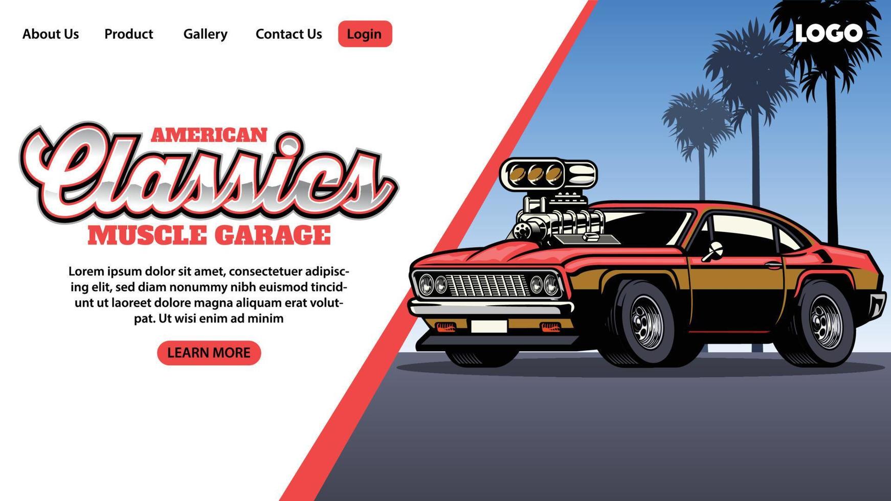 landing page of muscle car garage vector