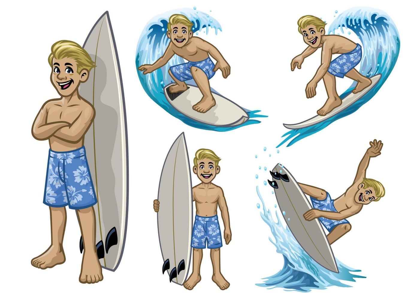 set of cartoon surfer white boy vector