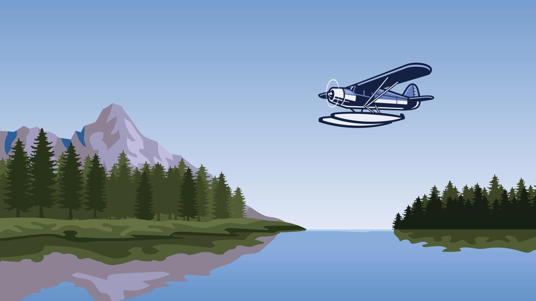 seaplane flying over the beautiful lake vector