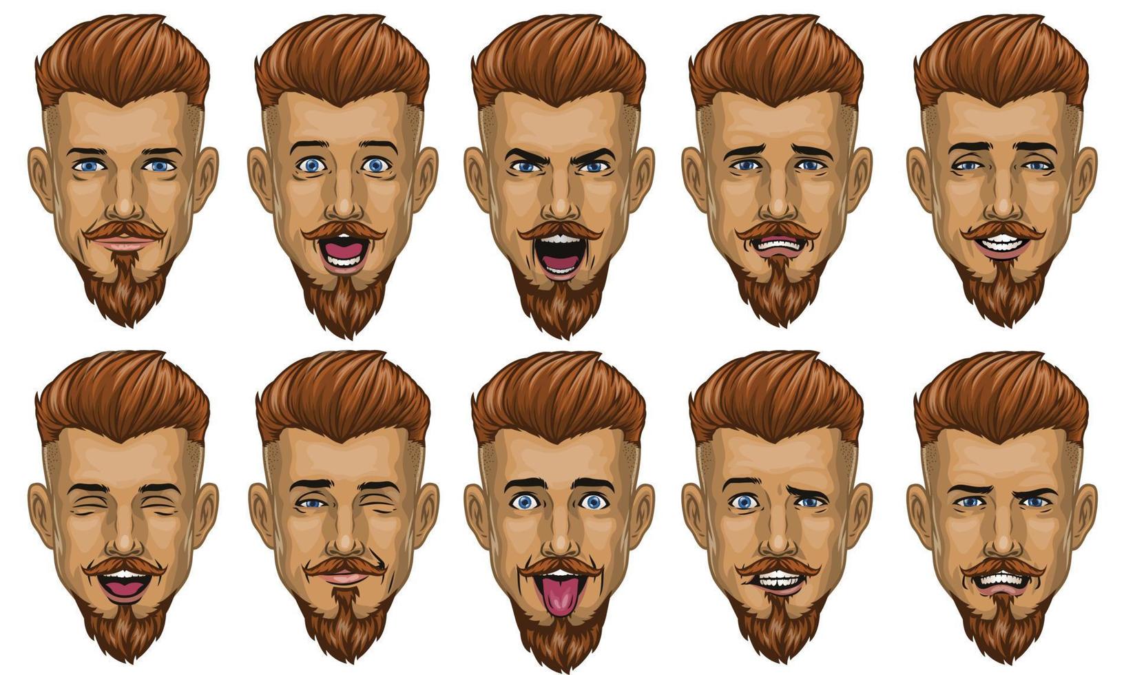 hermoso barbado hombre en varios cara expresión vector