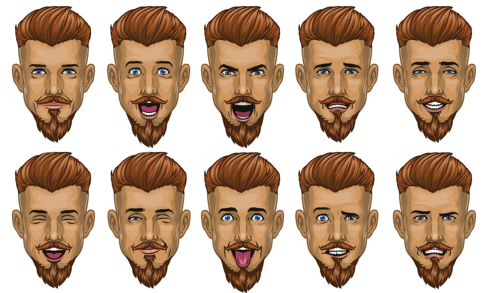 handsome bearded man in various face expression vector