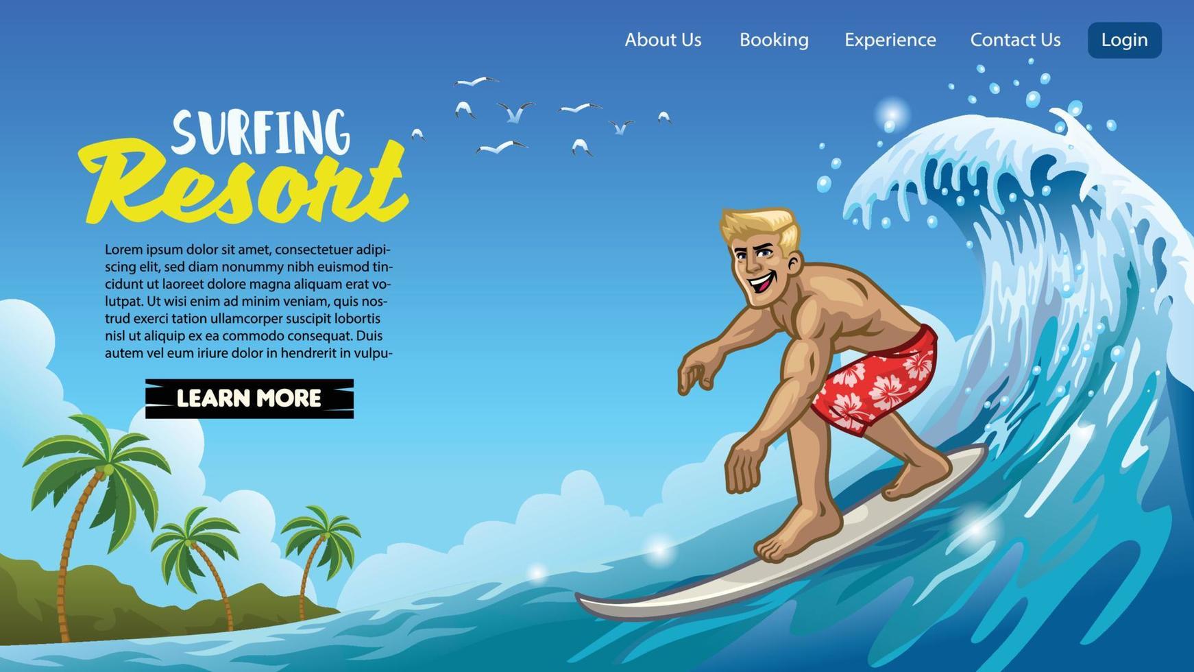 landing page design of muscle surfer man play surfing vector