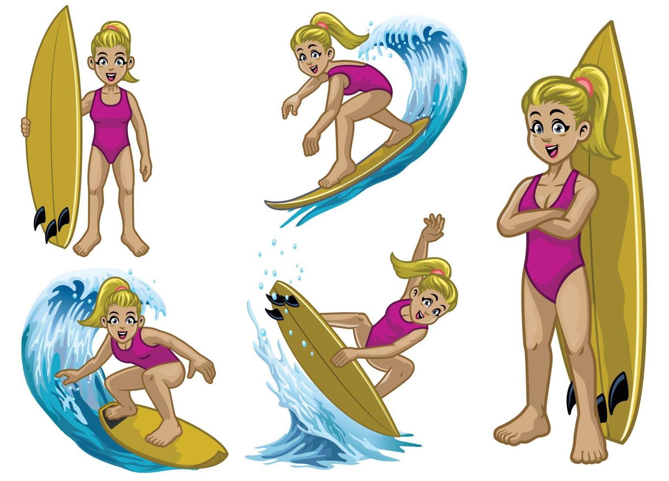 set cartoon of blonde white surfer girl vector
