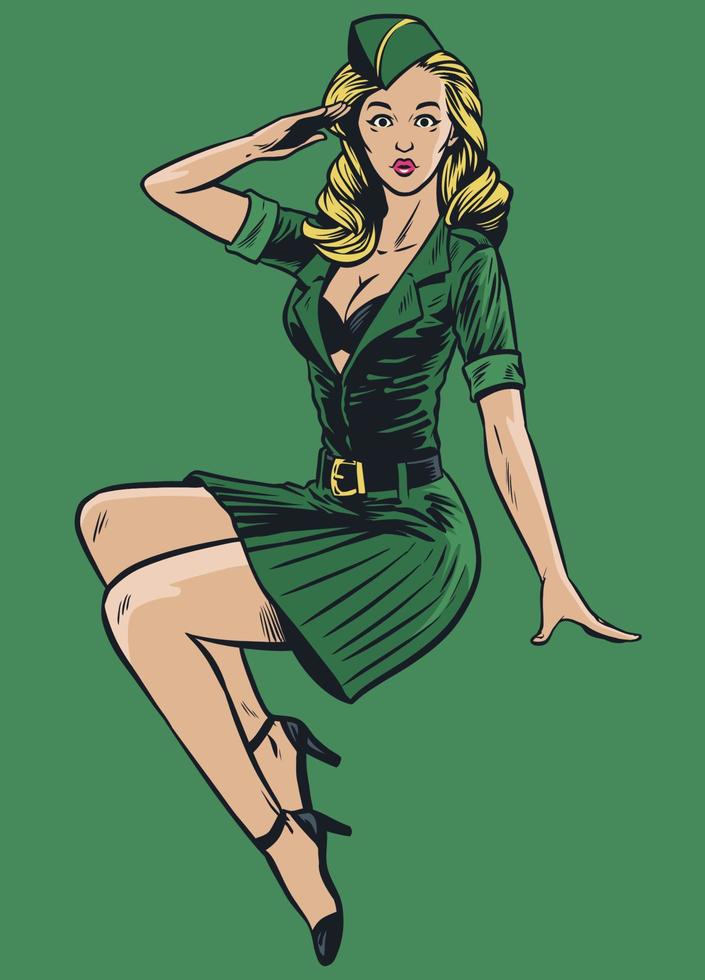 sexy military pinup girl in vintage drawing style vector
