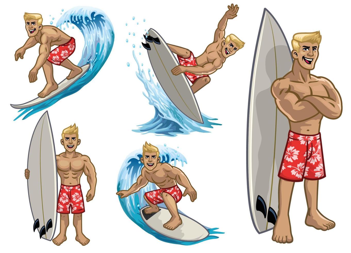 set of cartoon muscle white surfing man vector