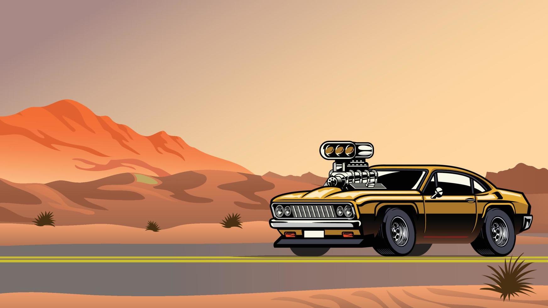 músculo coche con grande motor en el Desierto la carretera vector