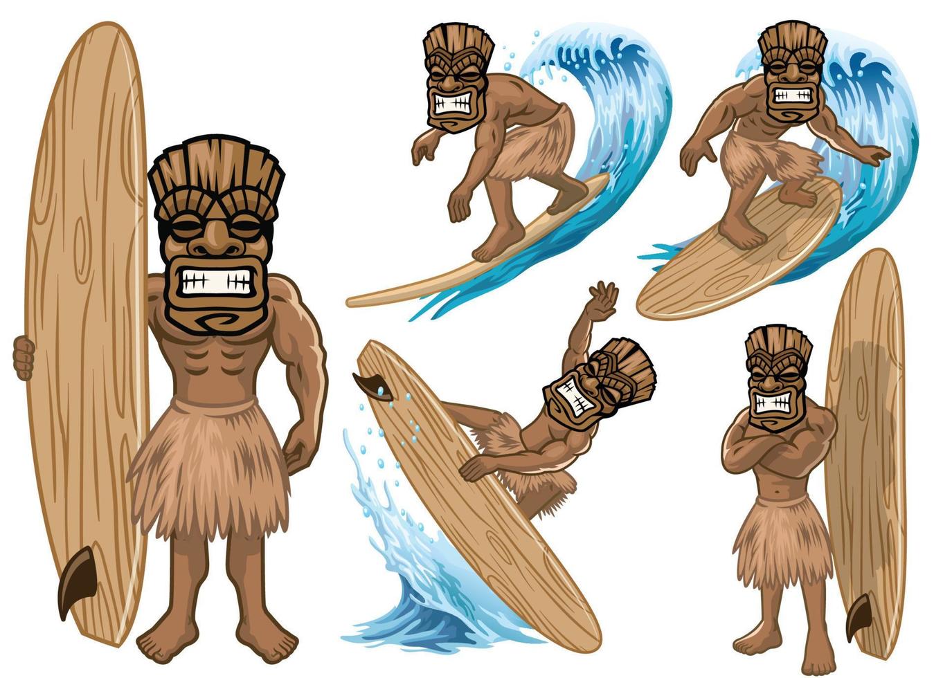 set of cartoon tiki mask play surfing collection vector