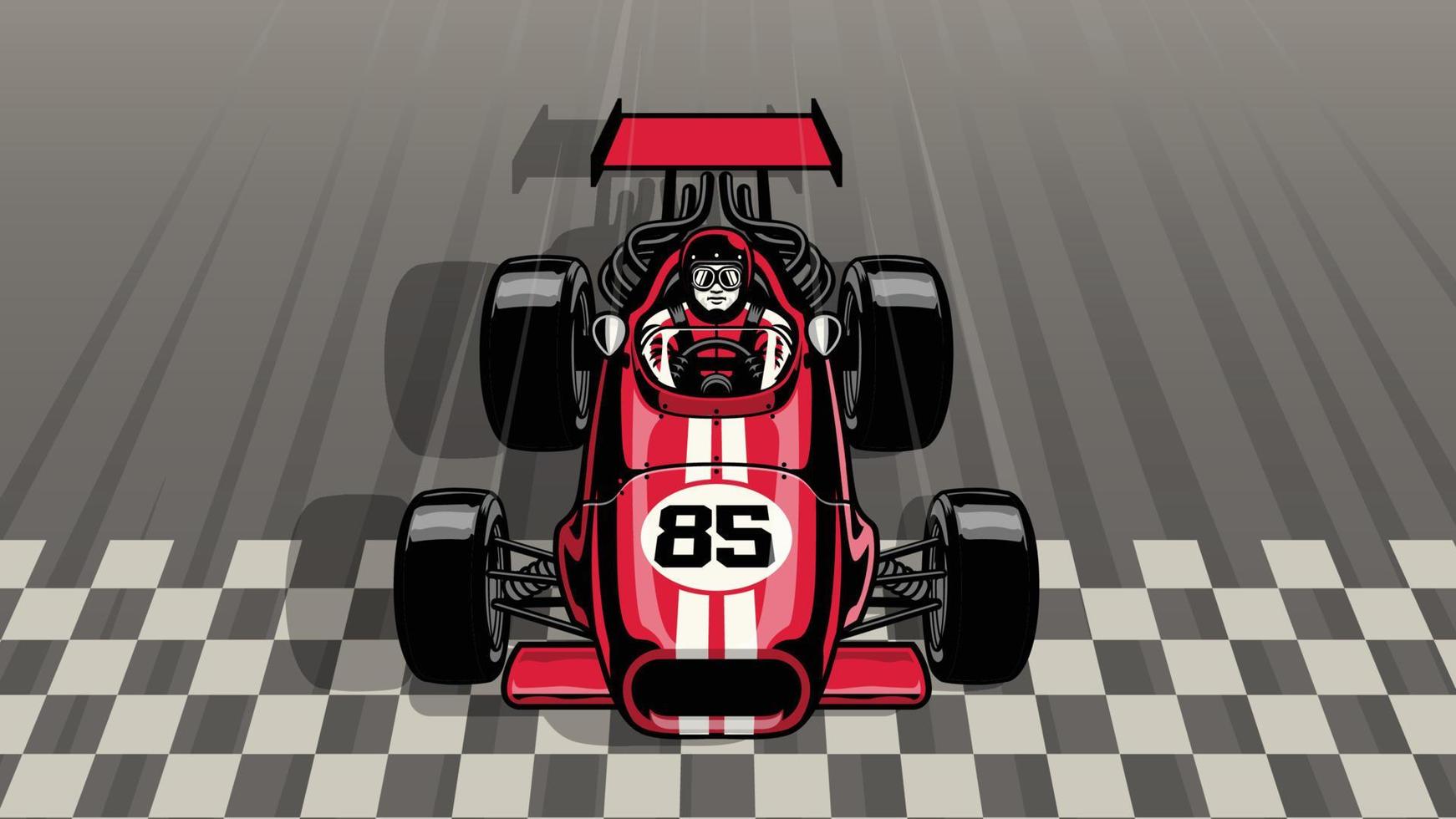 old vintage formula car driving fast passing the finish line vector