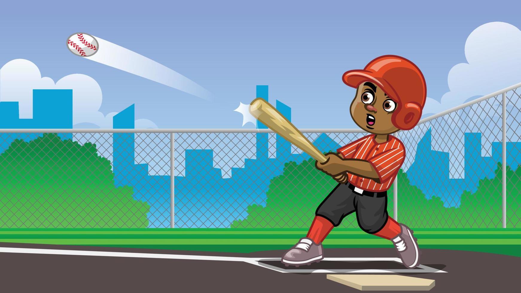 dibujos animados de negro chico béisbol jugador golpear el pelota en el campo vector