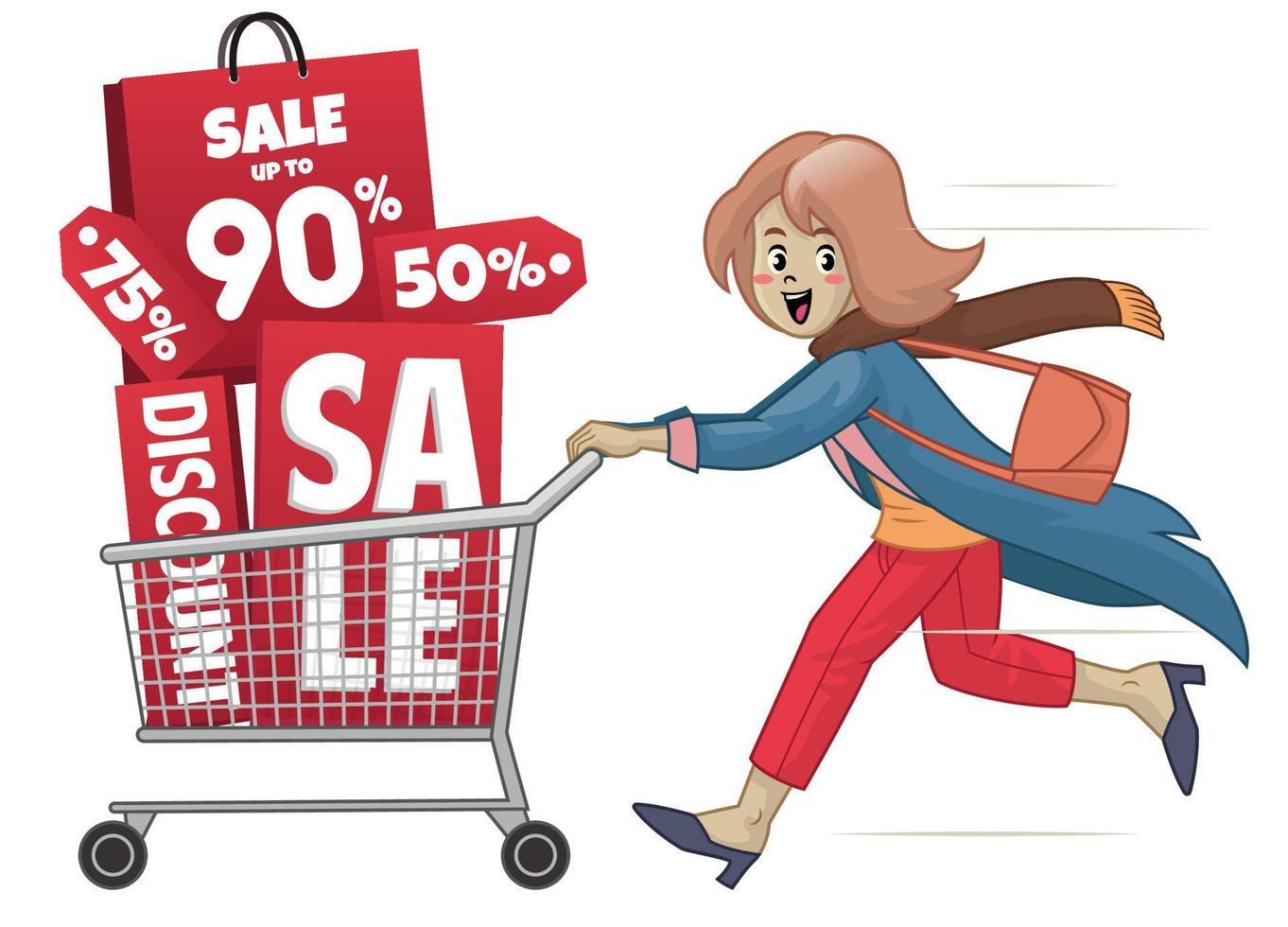 women with cart and sale promotion shopping vector