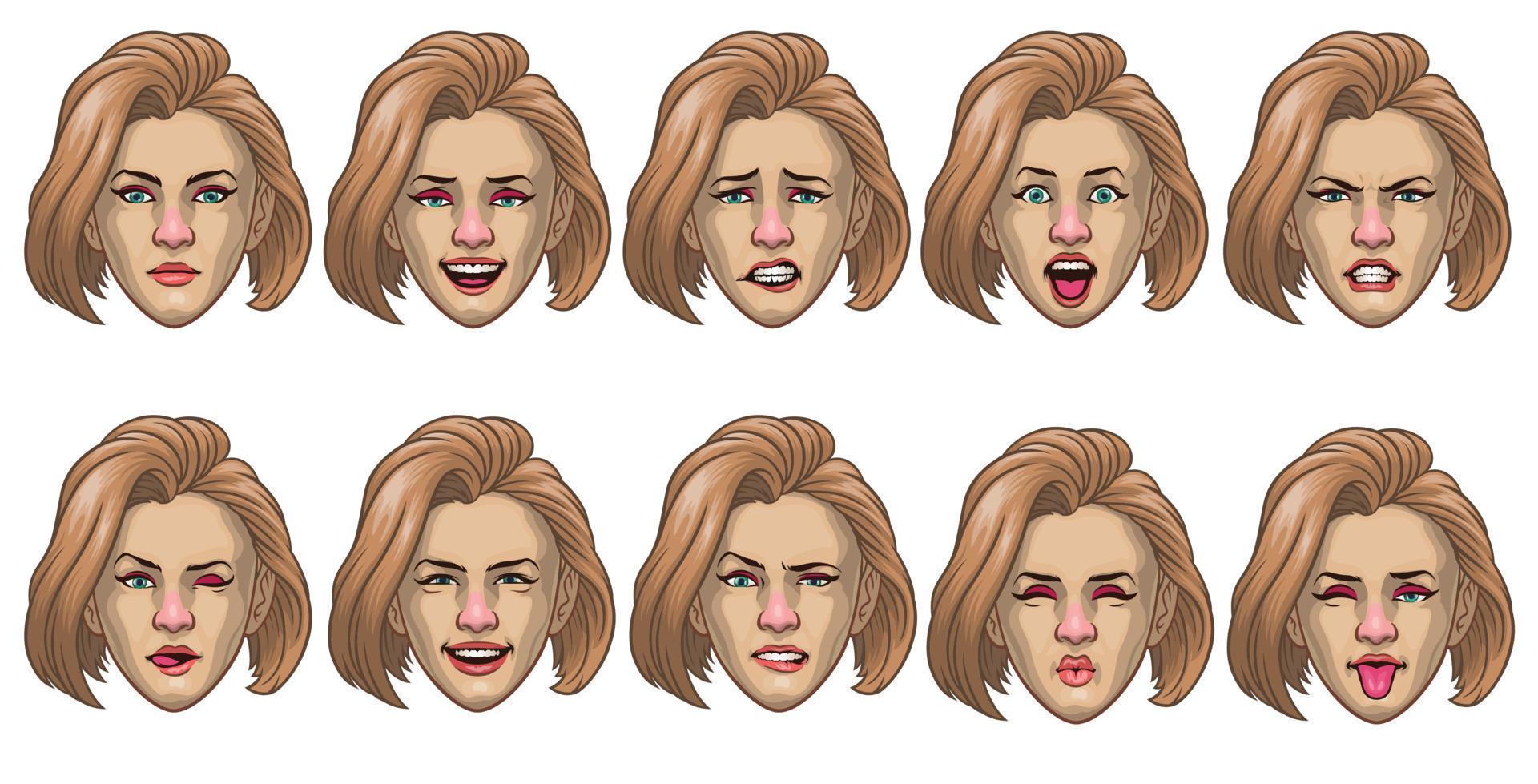 set of caucasian women head in various face expression vector