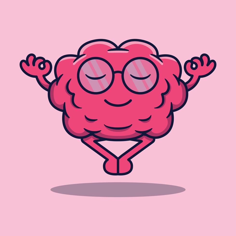 Vector cute cartoon character of intelligent human brain with glasses meditating