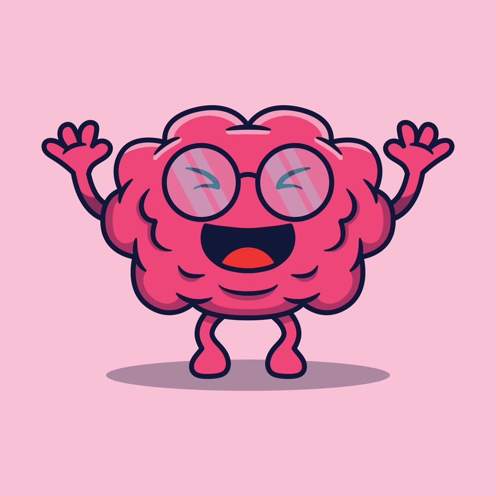 Vector cute cartoon character of smart human brain with happy glasses