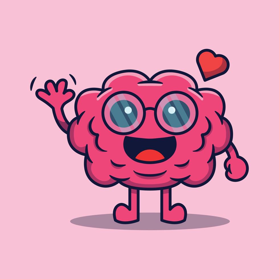 Vector cartoon cute smart human brain character waving