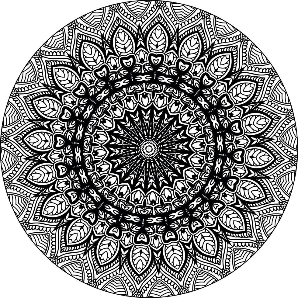 Simple doodle mandala with floral and heart patterns on a white isolated background. For coloring book pages. vector
