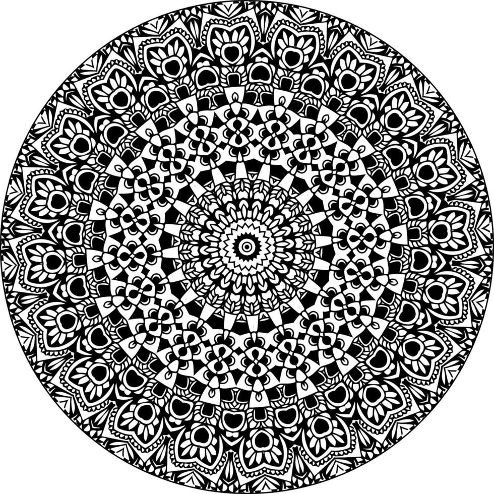 Simple doodle mandala with floral and heart patterns on a white isolated background. For coloring book pages. vector